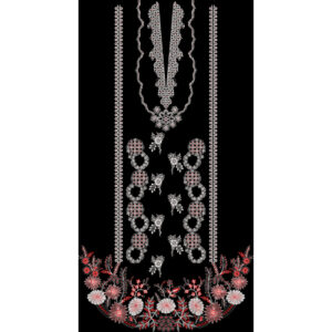 Elegant Floral and Geometric Embroidery Style Garment Panel Textile Print on Black Background