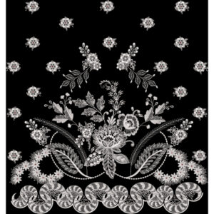 White Floral Embroidery Style Ornamental Border Textile Print on Black Background