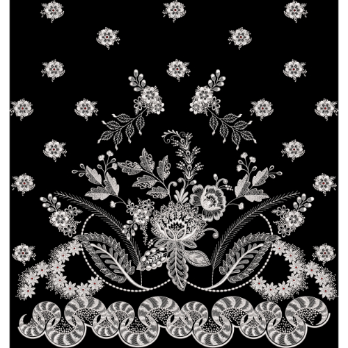 White Floral Embroidery Style Ornamental Border Textile Print on Black Background