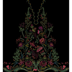 Multicolor Floral Embroidery Style Neckline Garment Panel Textile Print on Black Background