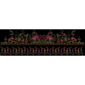 Multicolor Floral and Ornamental Embroidery Style Border Textile Print on Black Background