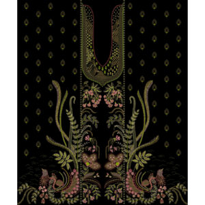 Multicolor Ornamental Embroidery Style Neckline Garment Panel Textile Print on Black Background