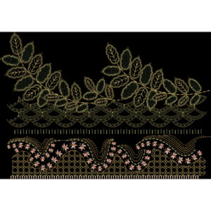 Golden Leaf and Floral Embroidery Style Border Textile Print on Black Background