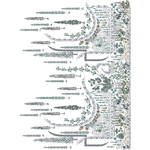 Botanical and Geometric Embroidery Style Panel Textile Print Design on Light Background