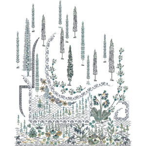 Botanical Landscape Embroidery Style Panel Textile Print Design on Light Background