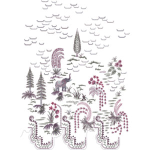 Scenic Botanical Landscape Embroidery Style Textile Print Design