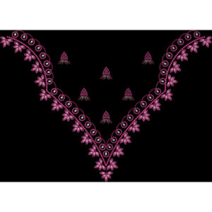 Pink Floral Embroidery Style V-Neckline Textile Print on Black Background