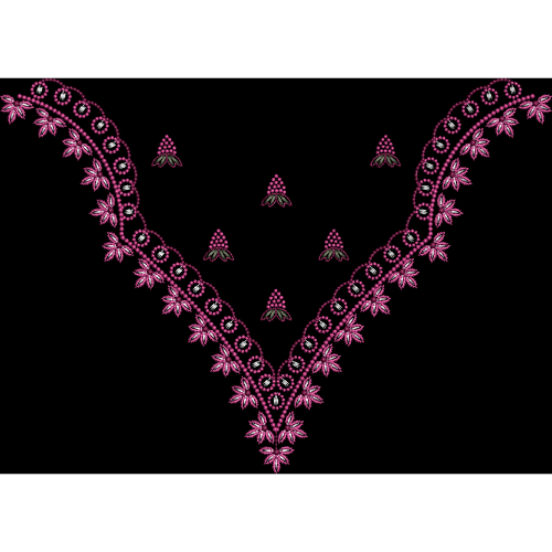Pink Floral Embroidery Style V-Neckline Textile Print on Black Background
