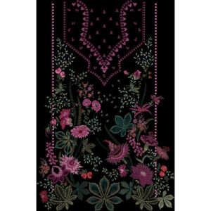 Multicolor Floral Embroidery Style Neckline Garment Panel Textile Print on Black Background
