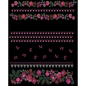 Multicolor Floral Embroidery Style Decorative Border Textile Print on Black Background