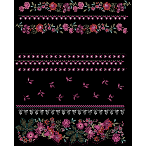 Multicolor Floral Embroidery Style Decorative Border Textile Print on Black Background