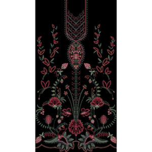 Red and Green Floral Embroidery Style Neckline Garment Panel Textile Print on Black Background