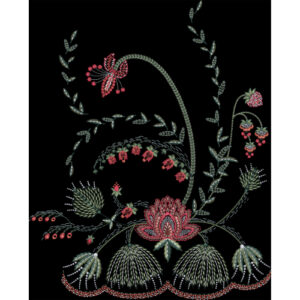 Elegant Floral Embroidery Style Botanical Textile Print on Black Background