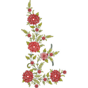 Red Floral Embroidery Style Vertical Botanical Textile Print Design