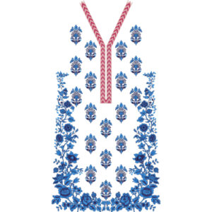 Blue Floral Embroidery Style Y-Neck Garment Panel Textile Print on Light Background