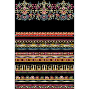 Multicolor Ornamental Embroidery Style Decorative Border Textile Print on Black Background