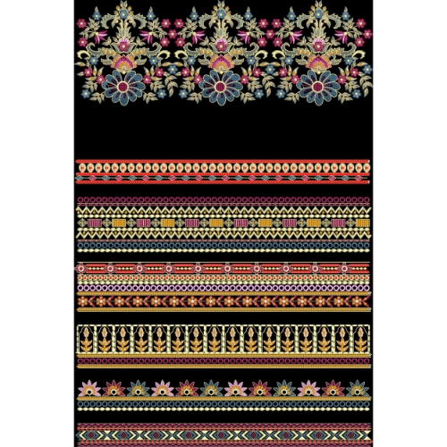 Multicolor Ornamental Embroidery Style Decorative Border Textile Print on Black Background