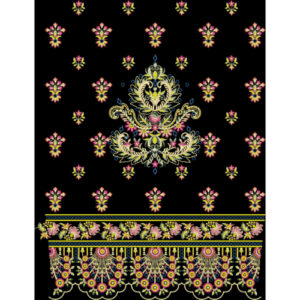 Multicolor Ornamental Floral Embroidery Style Border Textile Print on Black Background