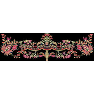 Luxurious Multicolor Floral Embroidery Style Ornamental Border Textile Print on Black Background