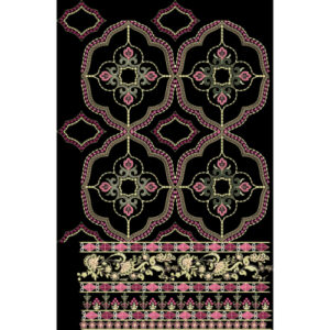 Ornamental Geometric and Floral Embroidery Style Panel Textile Print on Black Background