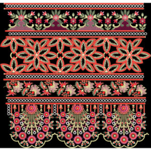 Multicolor Floral Embroidery Style Decorative Border Textile Print on Black Background