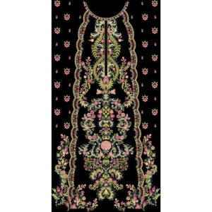 Luxury Multicolor Ornamental Embroidery Style Neckline Garment Panel Textile Print on Black Background