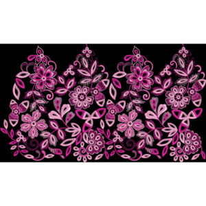 Pink Floral Embroidery Style Ornamental Border Textile Print on Black Background