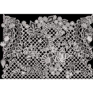 White Lace Floral Embroidery Style Ornamental Border Textile Print on Black Background