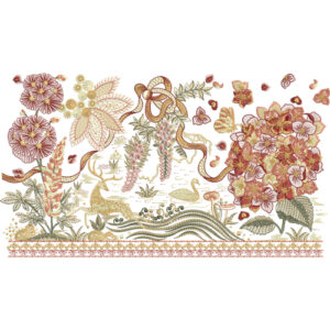Vintage Botanical Embroidery Style Scenic Border Textile Print on Light Background