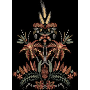 Rust and Sage Botanical Embroidery Style Ornamental Textile Print on Black Background