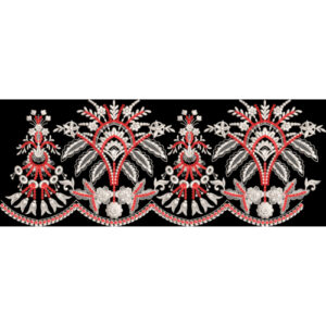 Red and White Ornamental Embroidery Style Floral Border Textile Print on Black Background