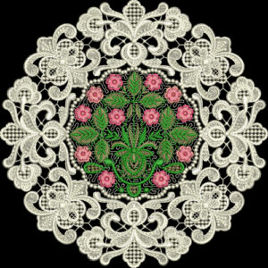 Victorian Lace Floral Medallion Embroidery Design with Pink Blossoms
