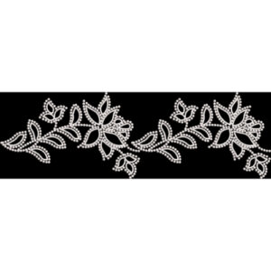 Luxury White Floral Rhinestone Border Design on Black Background for Textile Prints
