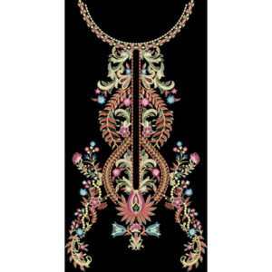 Luxury Ornamental Floral Necklace Style Front Panel Design on Black Background for Textile Prints