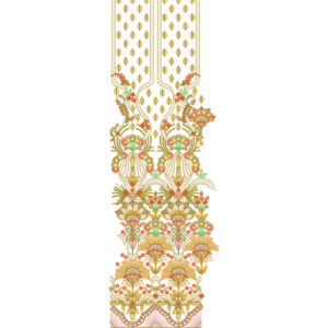 Luxury Floral Ornamental Front Panel Design in Gold and Pastel Tones on Light Background for Textile Prints