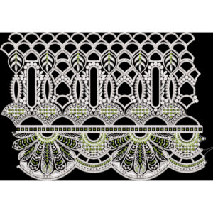 Luxury White Ornamental Border Design with Green Stone Accents on Black Background for Textile Prints