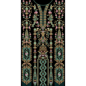 Luxury Embroidered Style Floral Front Panel Design in Teal and Gold on Black Background for Textile Prints