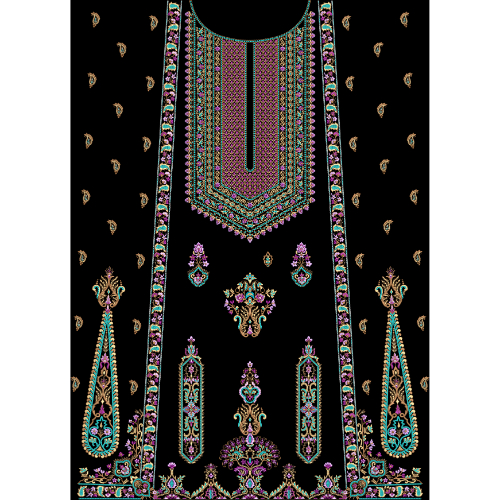 Luxury Embroidered Neckline Front Panel Design in Multicolor on Black Background for Textile Prints