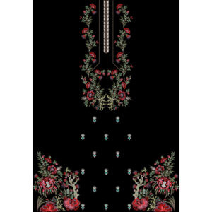 Elegant Floral Embroidered Front Panel Design in Red and Green on Black Background for Textile Prints