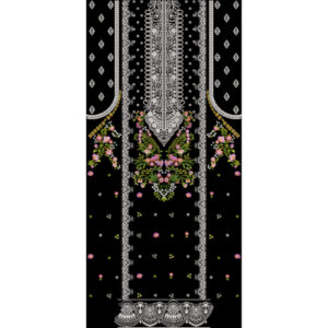 Luxury Embroidered Neckline Front Panel Design with Floral Accents on Black Background for Textile Prints