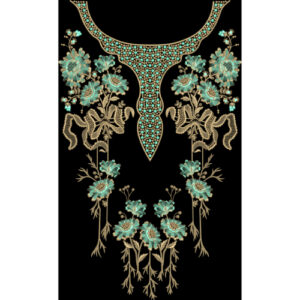 Luxury Floral Neckline Front Panel Design with Turquoise Stone Detailing on Black Background for Textile Prints
