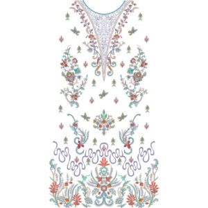 Elegant Floral Embroidered Style Front Panel Design in Pastel Multicolor on Light Background for Textile Prints