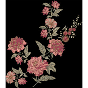 Elegant Floral Embroidered Motif Design in Pink and Beige on Black Background for Textile Prints