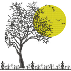 Artistic Tree Silhouette Illustration with Yellow Sun and Birds on Light Background for Textile Prints