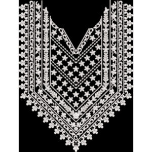 Elegant White Embroidered Neckline Panel Design on Black Background for Textile Prints