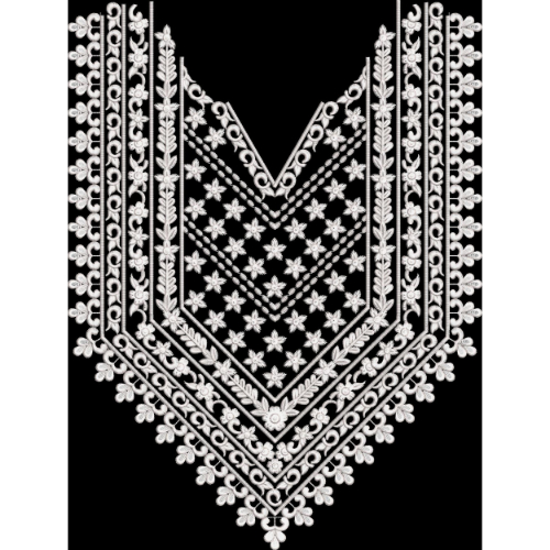 Elegant White Embroidered Neckline Panel Design on Black Background for Textile Prints