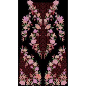 Luxury Floral Ornamental Front Panel Design in Pink and Red on Black Background for Textile Prints