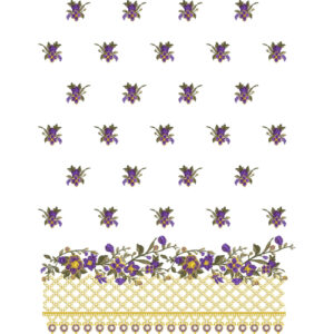 Delicate Floral Sprig Pattern with Decorative Border in Purple and Gold on Light Background for Textile Prints