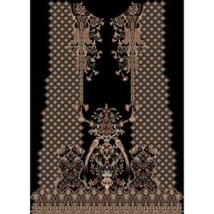 Luxury Ornamental Embroidered Front Panel Design in Gold and Beige on Black Background for Textile Prints