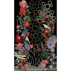 Modern Floral Embroidered Panel Design with Geometric Honeycomb Pattern on Black Background for Textile Prints